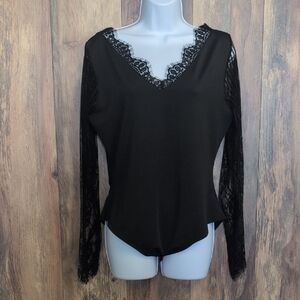 SHEIN Black Lace V-Neck Long Sleeve Bodysuit onesie XL              D246